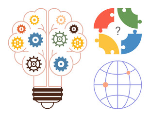 Lightbulb formed with colorful gears, puzzle pieces questioning harmony, and globe with pinpoints. Ideal for innovation, creativity, problem-solving, global strategy, teamwork, technology simple