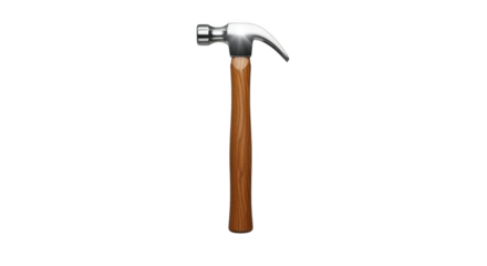 A metal claw hammer with a polished steel head and a textured wooden handle is positioned vertically against a black background