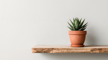 A potted succulent sits on a rustic wooden shelf against a minimalist light gray wall. The plant has green, spiky leaves with white spots.