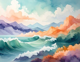 Abstract colorful mountains with pastel clouds painted dreamy landscape illustration