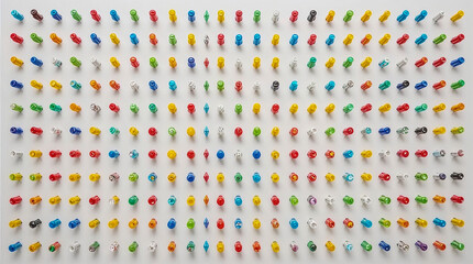 Obraz premium A vast collection of colorful pushpins neatly arranged in a grid pattern on a white background, creating a vibrant and organized visual.