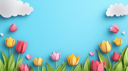 65.Spring-themed header with vibrant blue skies, soft paper cut clouds, and colorful tulip flowers in bloom, all framing a customizable text area for use in a Mother's Day or Women's Day sale or
