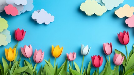 65.Spring-themed header with vibrant blue skies, soft paper cut clouds, and colorful tulip flowers in bloom, all framing a customizable text area for use in a Mother's Day or Women's Day sale or