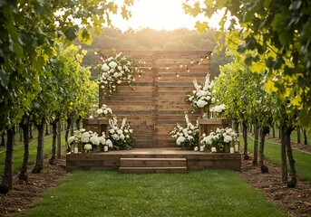Elegant outdoor wedding ceremony design with a rustic wooden altar and white floral arrangements in a beautiful vineyard setting