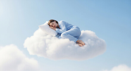 Woman sleeping on cloud in blue sky