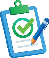 Checklist clipboard with pen and green checkmark