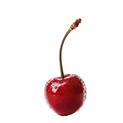 Single, vibrant red cherry with stem and water droplets
