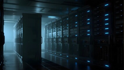 Rows of servers in a dark room with blue lights, futuristic technology