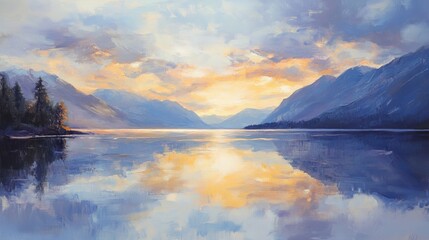 Fototapeta premium 24.Picturesque Northern European lake at twilight, golden-yellow sunlight spilling across the water, reflecting a sky filled with soft blue tones and scattered clouds, surrounded by serene natural