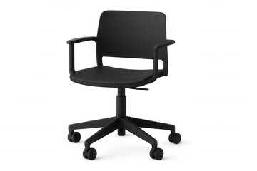 Comfortable black office chair featuring armrests and wheels, designed for modern workplaces, isolated on a transparent background