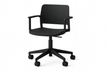 Comfortable black office chair featuring armrests and wheels, designed for modern workplaces, isolated on a transparent background