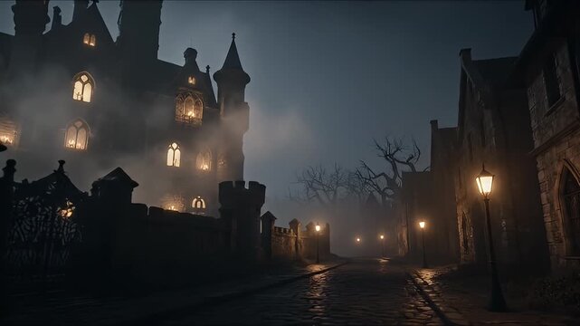 Gothic castle exterior at night with illuminated windows and fog