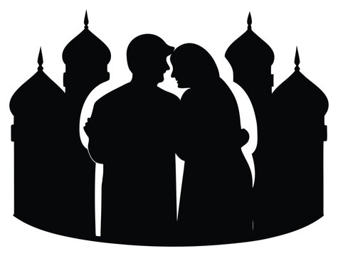 Silhouette of Loving Couple Embracing with Mosque Background in Black and White