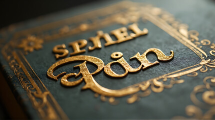 Close-up of vintage book cover with golden embossed lettering and ornate frame