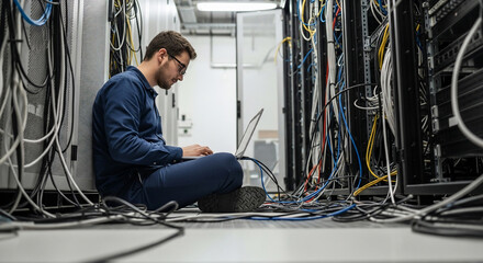Man troubleshooting server network in data center