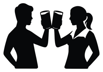 Silhouette of man and woman toasting drinks with glasses together celebrating
