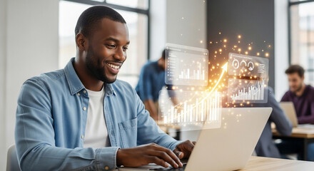 Man analyzing digital data on laptop, showing business growth