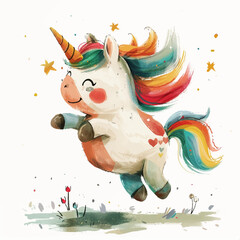 Fototapeta premium a beautiful bright unicorn flying over a rainbow. a children's poster with a horse, a cute print.