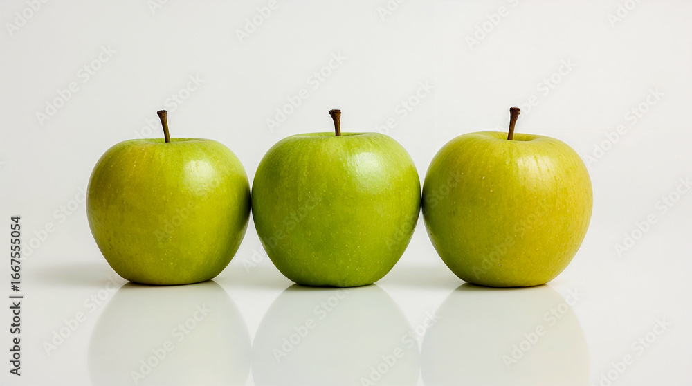 Poster three vibrant green apples are displayed in a row against a clean white background, with each apple 
