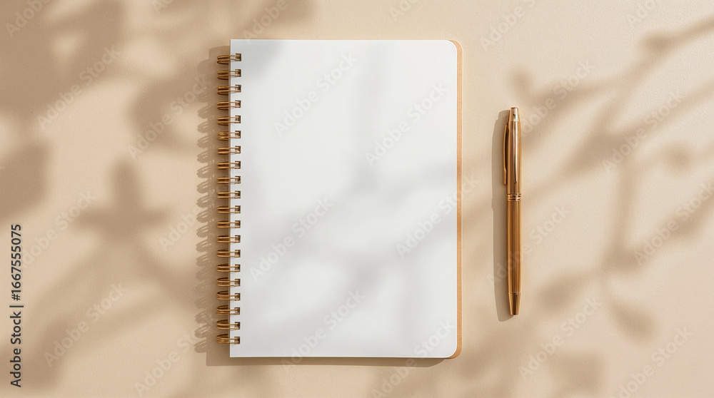 Aufkleber a blank notebook with a golden pen lies on a textured beige surface with soft shadows from leaves, c
