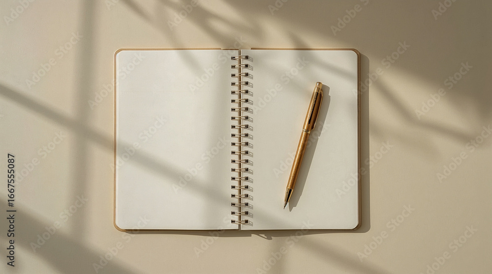 Aufkleber an open blank notebook with a golden pen resting on the right page, bathed in soft, dappled light an
