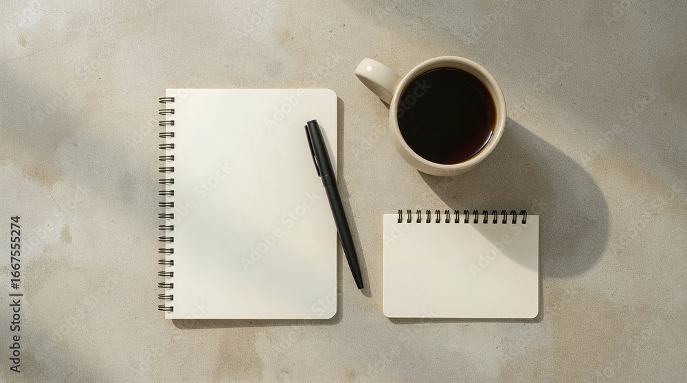 Aufkleber a top-down view shows a notebook with a pen, a small notepad, and a cup of coffee on a textured surf