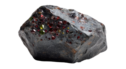 Rough, dark stone, embedded gems