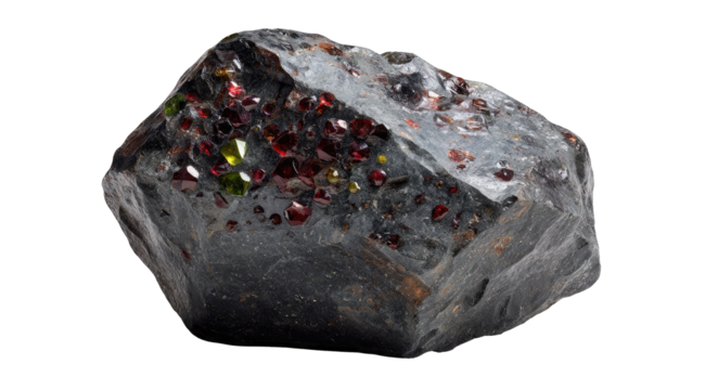 Rough, dark stone, embedded gems