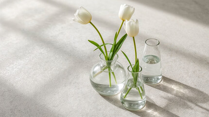 Three white tulips in glass vases on a textured surface, with dappled sunlight creating shadows and reflections. A minimalist and serene composition.