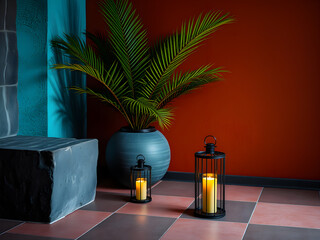 Two lit black metal lanterns with yellow candles on a checkered floor next to a large potted palm tree