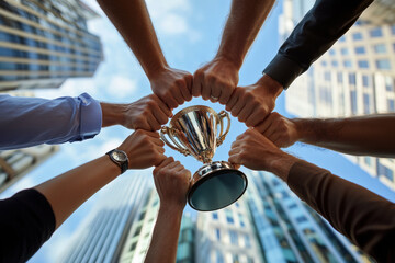 A vibrant scene shows hands raised together in triumph, holding a trophy against a cityscape, illustrating the pride and teamwork that led to their business achievement.