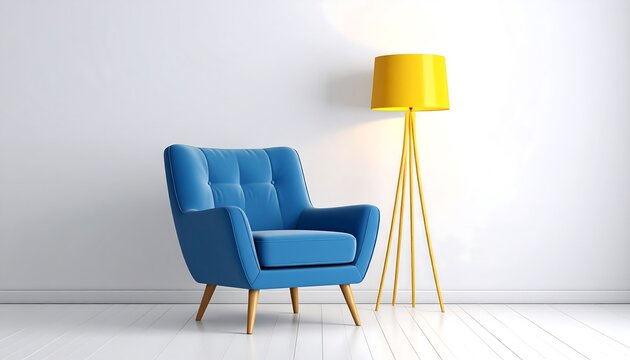 Modern Blue Armchair and Yellow Floor Lamp in a Minimalist Interior.