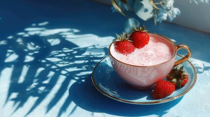 Pink cup of strawberry smoothie, garnished with fresh berries, sits on a blue saucer. Sunlight casts shadows