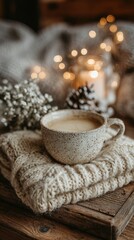 Cozy autumn scene with coffee, knitwear, and warm lighting