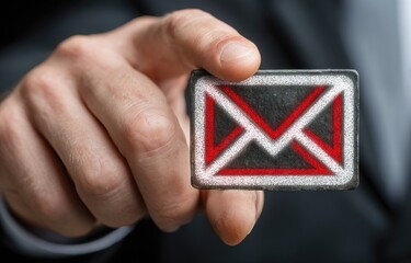 Close-up of a hand holding a small card with an email symbol