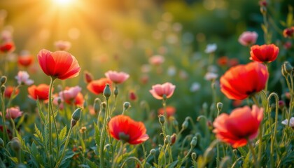 Obraz premium Red Poppy Meadow at Sunset