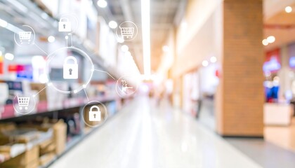 Blurred view of a store aisle with security and shopping icons overlaid