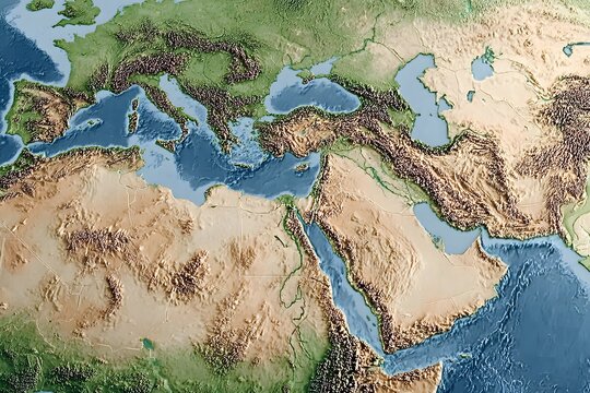Realistic photo of a map showing Europe, the Middle East, and North Africa. 