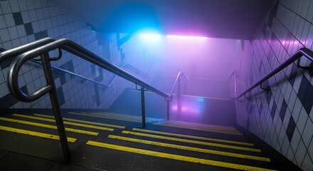 Fototapeta premium Neon Lit Underground Staircase - Blue Purple Glow, Cyberpunk Subterranean, Dark Urban, Futuristic Stairwell, Mysterious Path, Moody Lighting