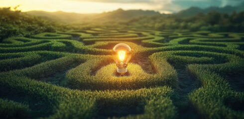 The illuminated lightbulb over a complex maze symbolizes the spark of enlightenment guiding one through uncertainty.