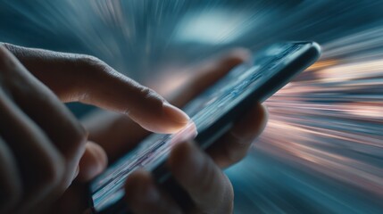 Finger touches phone; blurred light streaks suggest speed, connectivity