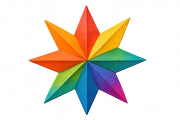 Vibrant eight-pointed star showcasing a spectrum of rainbow colors, isolated on a transparent background, perfect for creative projects