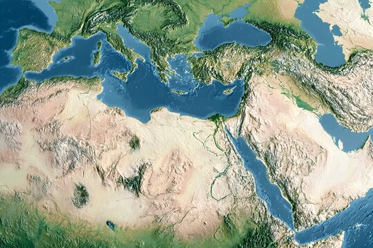 Realistic photo of a map showing Europe, the Middle East, and North Africa. 