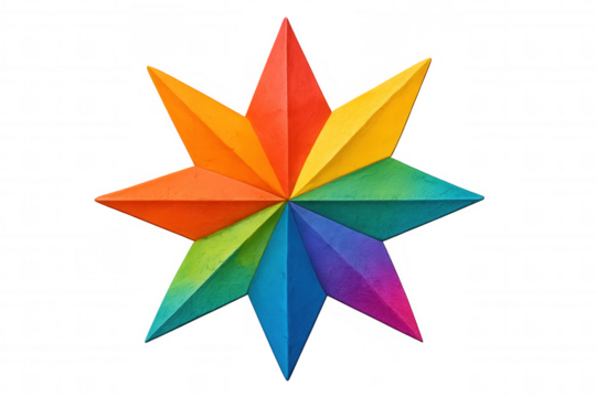 Vibrant eight-pointed star showcasing a spectrum of rainbow colors, isolated on a transparent background, perfect for creative projects