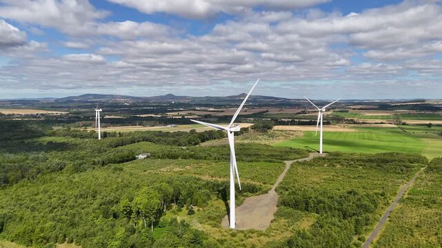 Aerial Drone View of Wind Turbines in Fife Countryside