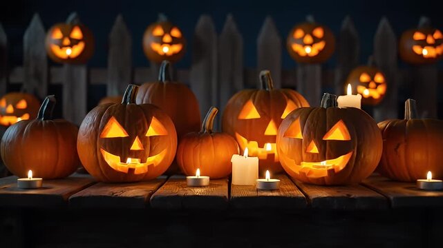 Illuminated halloween pumpkins with carved faces and candles on wooden table