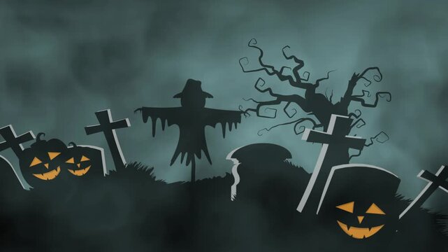 Scarecrow Awakens on the Foggy Graveyard Hill at Hallowen Night