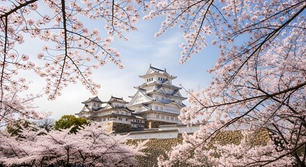 Japanese National Treasure Castle Against a Dramatic Sky with Cherry Blossoms in Bloom