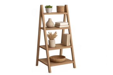 Wooden ladder shelf displaying books, plants, and baskets on transparent background