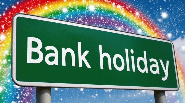 Green "Bank holiday" sign against rainbow sky with sparkling stars